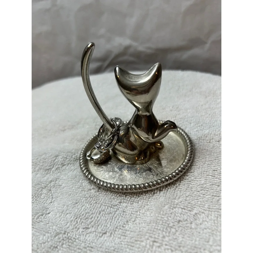 Cat Ring Holder Silver Trinket Dish Jewelry Tray Kitty Kitten Decor
